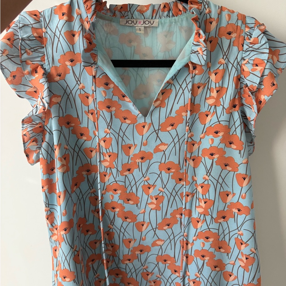 Joy Joy Women's Floral Blouse - Light Blue and Orange